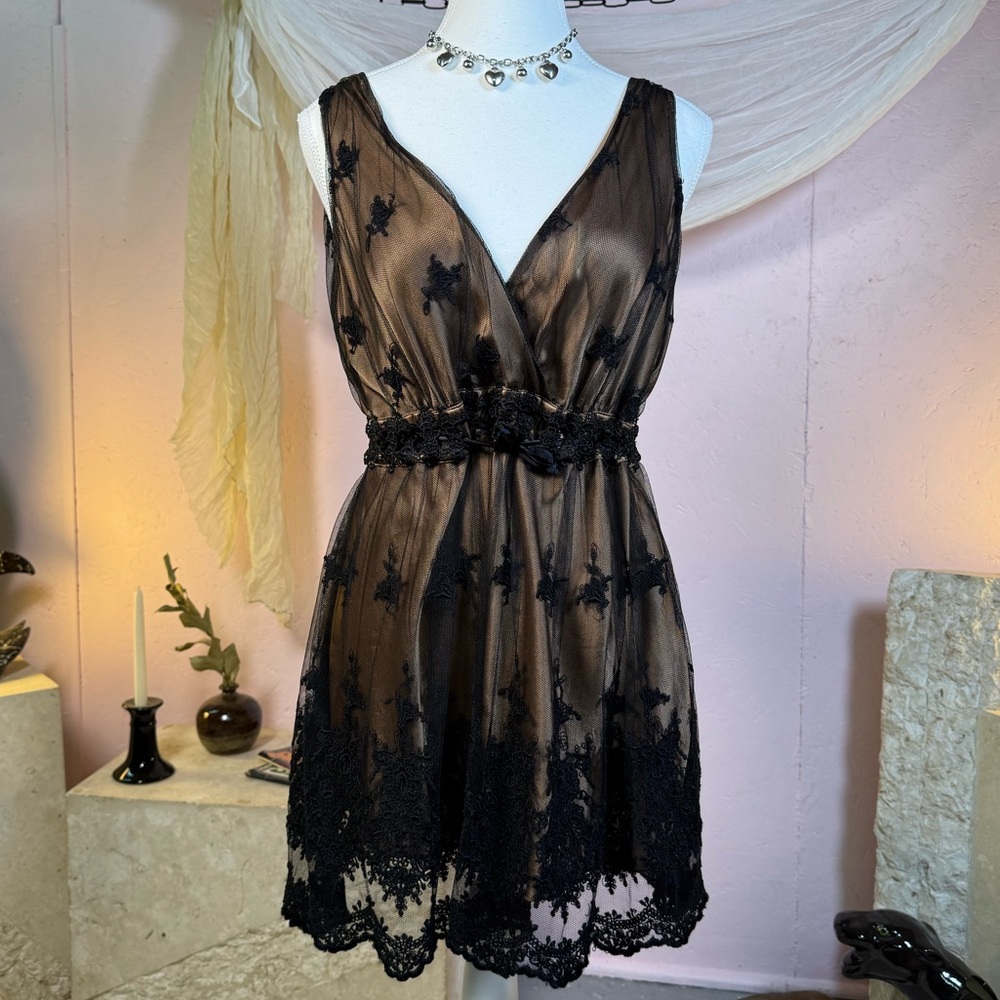 Danier sheer black lace dress babydoll embroidered mini adjustable waist L
